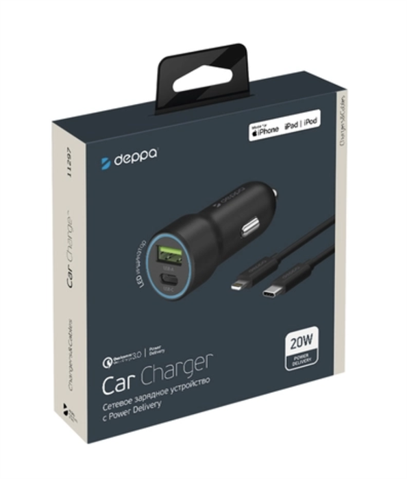 Автомобильное зарядное устройство Deppa, USB Type-C+USB A, Power Delivery,QC 3.0, 20W, +кабель USB-C to Lightning MFi нейлон, белый 11297 - фото 76512
