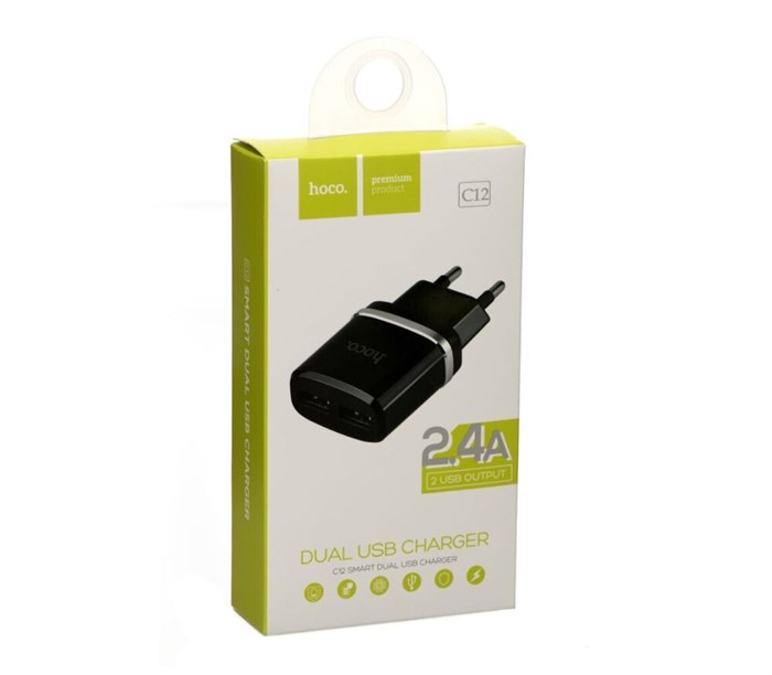 Сетевое зарядное устройство Hoco C12, 2.4A, черный 4665299807572 - фото 77555